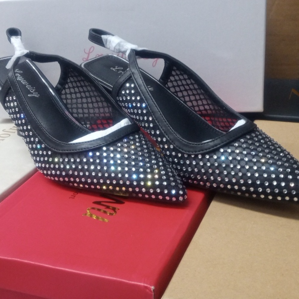 Lryweisy black and diamond slingback heels